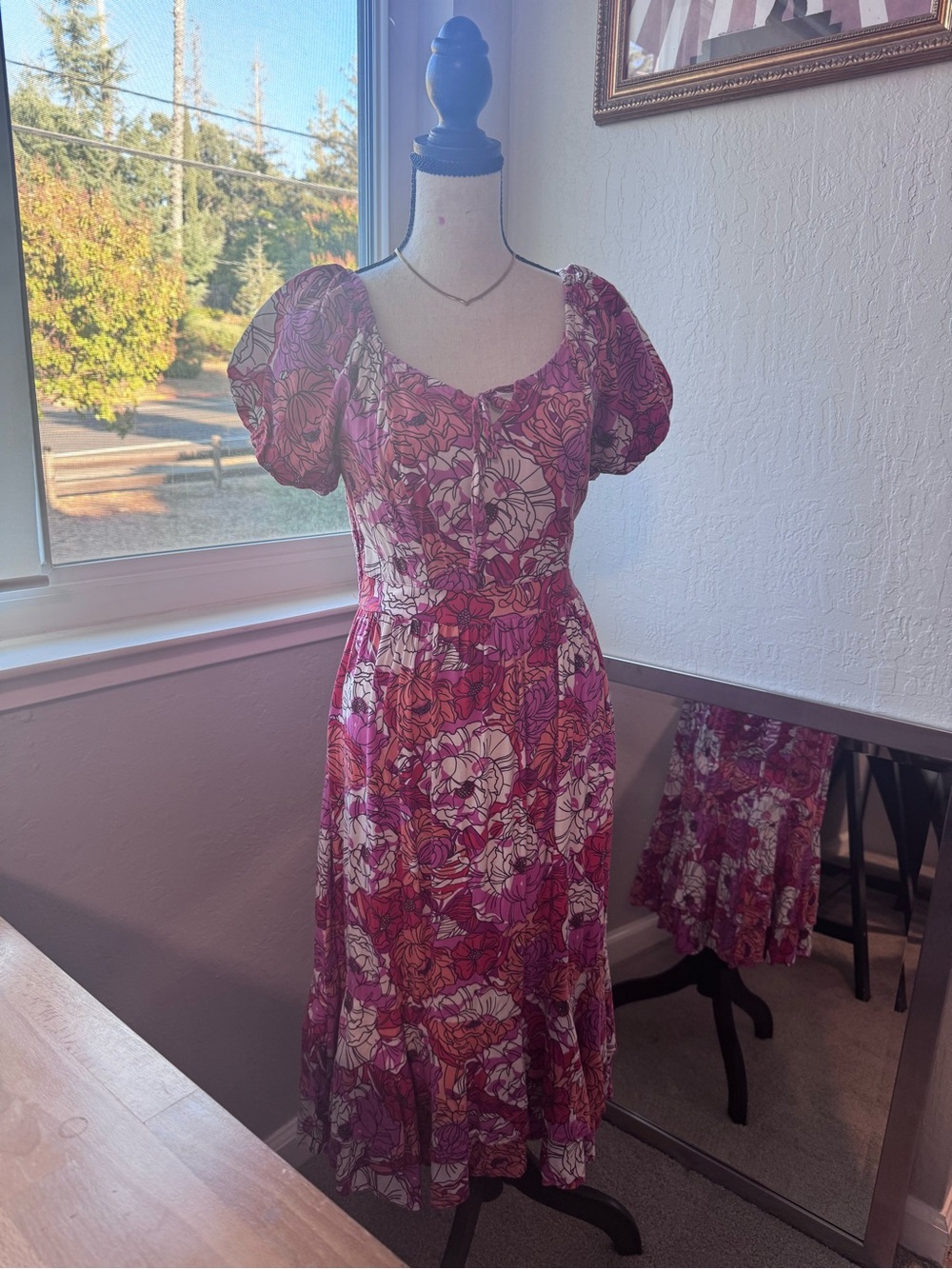Japna Pink Floral Puff-Sleeve Midi Dress